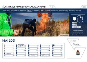 Piata karta kalendarza z miesiącem maj. Fotografia przedstawia dwie osoby. Jedna trzyma w dłoniach pudełko z zapałkami oraz wyciągnięta zapałkę, druga schylona przy trawie wznieca pożar. Z prawej strony karty widnieje napis: "Ogień fascynuje dzieci. Ucz dziecko korzystania z ognia rozsądnie i bezpiecznie."