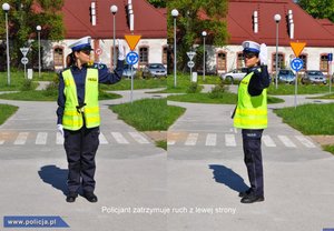 Na zdjęciu widać policjantkę, która pokazuje postawy podczas kierowania ruchem.