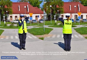 Na zdjęciu widać policjantkę, która pokazuje postawy podczas kierowania ruchem.