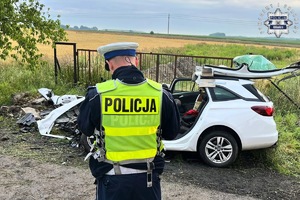 na zdjęciu policjant w kamizelce odblaskowej przed rozbitym pojazdem