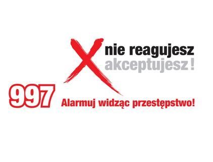 Logo programu "Nie akceptujesz - reagujesz" i napis 997 Alarmuj widząc przestępstwo
