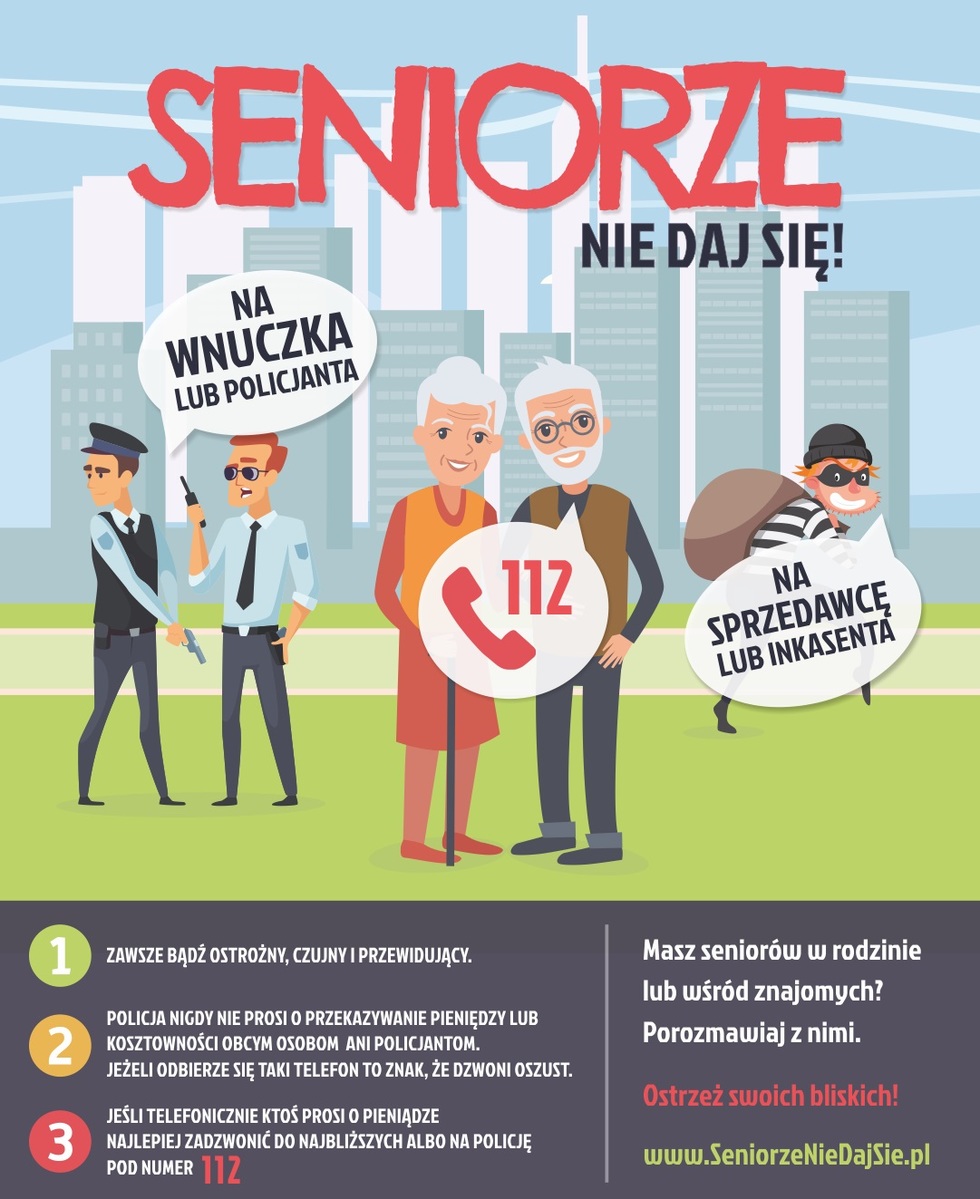 plakat dotyczący oszustw na policjanta, rysunkwi seniorzy, policjanci i złodziej