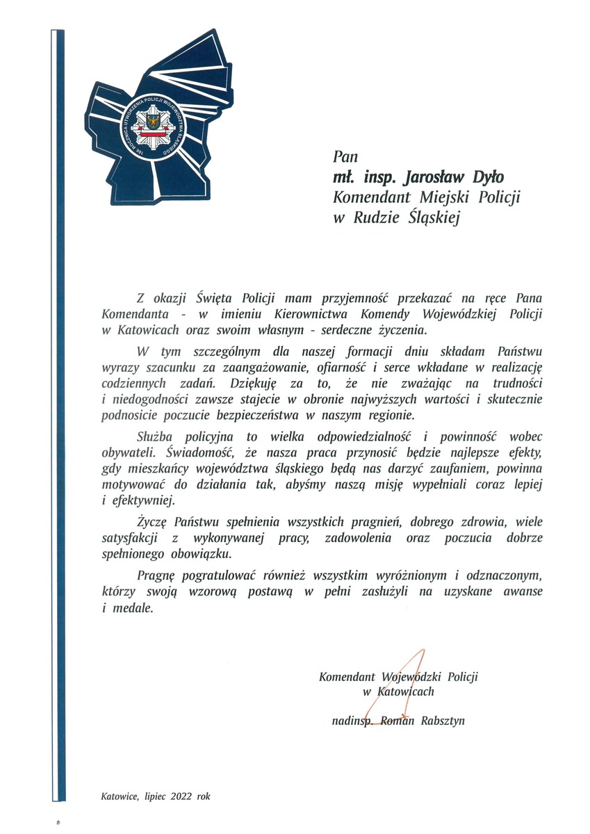 życzenia Komendanta Wojewódzkiego - pełny tekst w pliku tekstowym na dostępnym dole strony