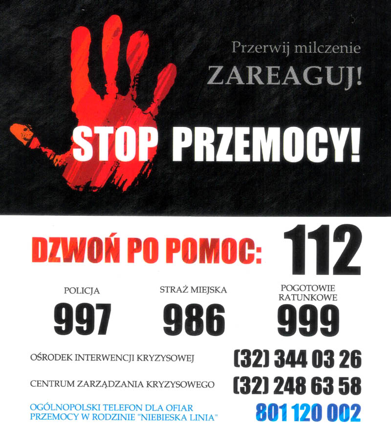 grafika, stop przemocy, reaguj, numery telefonów do służb 997 i 112, dzwoń po pomoc