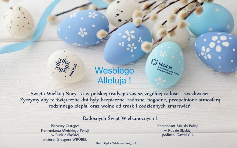 grafika z życzeniami - Święta Wielkiej Nocy, to w polskiej tradycji czas szczególnej radości i życzliwości. Życzymy aby te świąteczne dni były bezpieczne, radosne, pogodne, przepełnione atmosferą  rodzinnego ciepła, oraz wolne od trosk i codziennych zmartwień. Radosnych Świąt Wielkanocnych ! Podpisy komendanta i jego zastępcy
