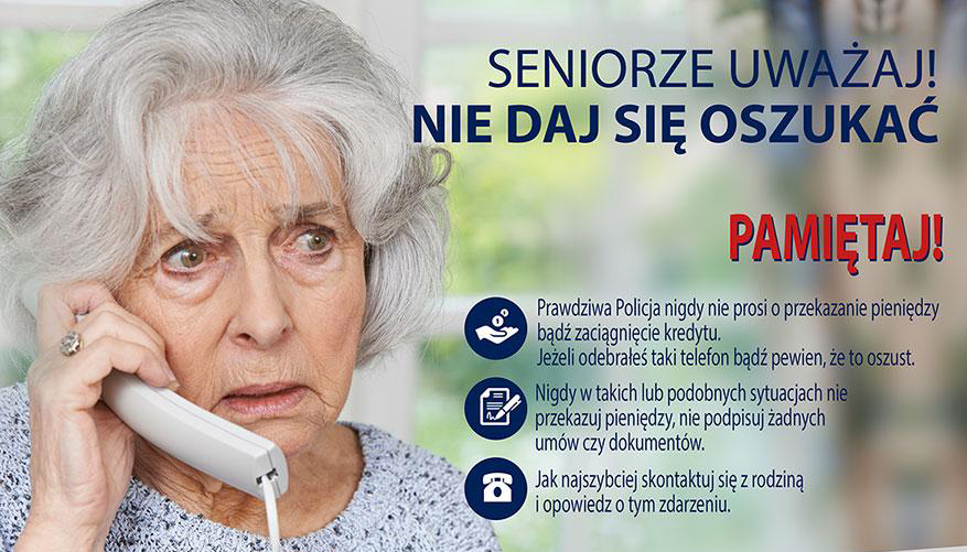 zdjęcie starszej kobiety rozmwiającej przez telefon, napis seniorze nie daj się oszukać