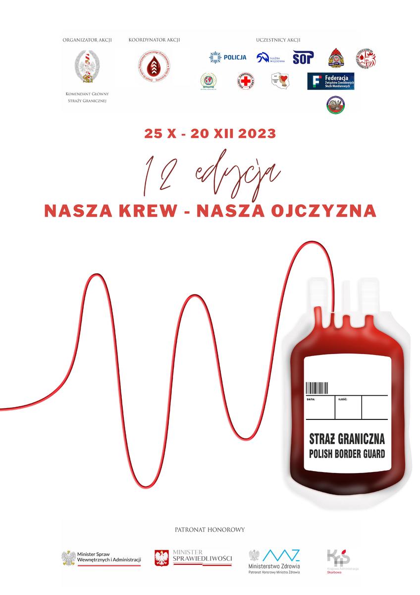 plakat akcji - loga służb mundurowych, termin akcji z tytułem, woreczek z krwią i rurki w kolorze czerwonym wskazujące na akcję serca