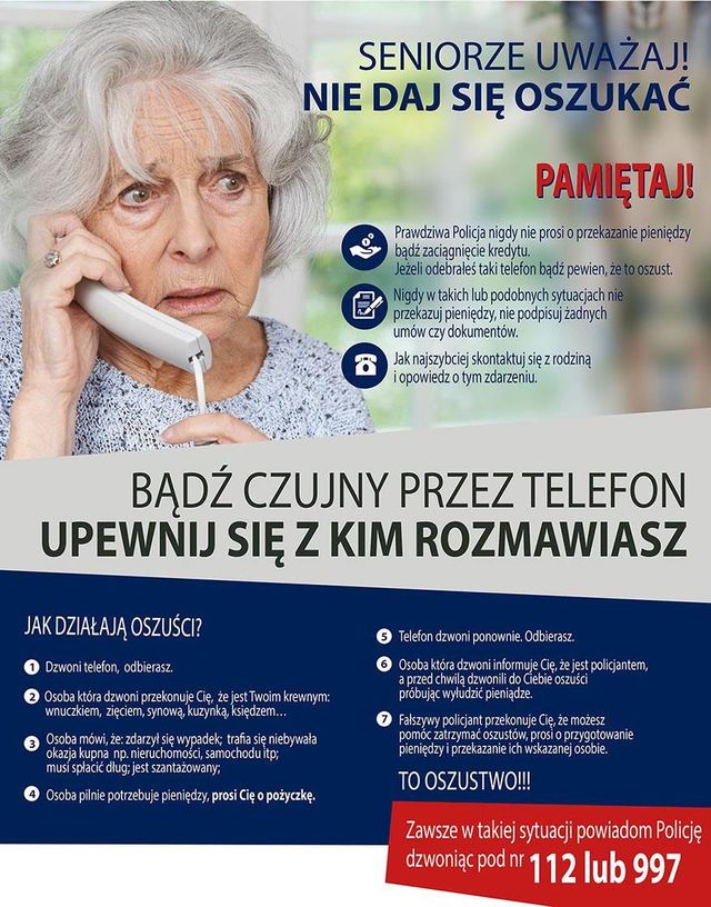 zdjęcie, grafika i tekst - starsza pani rozmawia przez telefon - tekst zbieżny z poradami w artykule