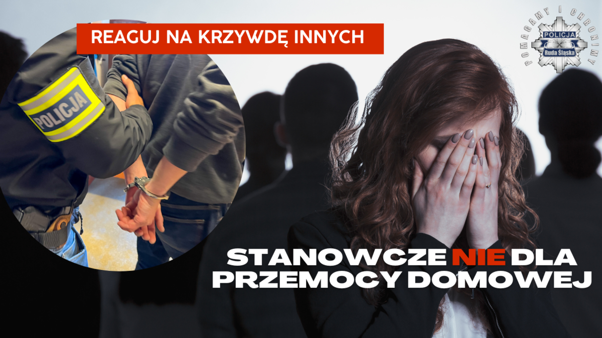 grafika i zdjęcia - kobieta z zasłoniętą twarzą rękami, policjant prowadzący zatrzymanego - napisy stanowcze nie dla przemocy domowej - reaguj na krzywdę innych