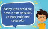 grafika z kampanii - rysunkowy chłopiec w dymku napis &quot;kiedy ktoś prosi cię abyś z nim poszedł, zapytaj najpierw rodziców&quot;