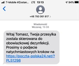 zrzut ekranu telefonu z podejrzanym sms-em