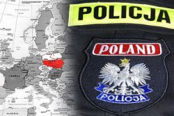 grafika, mapa europy i emblematy policji