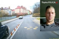 kadr z filmu - droga, przejście dla pieszych, z boku widoczna wstawka z e zdjęciem osoby