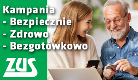 grafika ZUS i zdjęcie - młoda kobieta i starszy mężczyzna