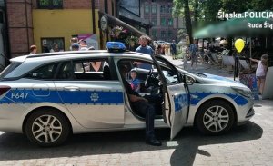 Widok radiowozu ruchu drogowego na tle odwiedzających ogrody uczestników.