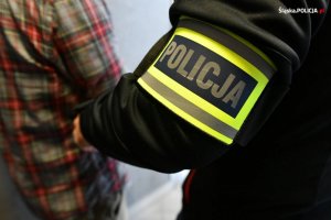 zdjęcie poglądowe - policjant, ręka, napis policja