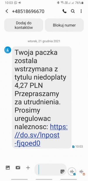 grafika z tekstem &quot;twoja paczka została wstrzymana z tytułu niedopłaty 4,27 PLN Przepraszamy za utrudnienia. Prosimy uregulować należność: w tekście podano link do strony wyłudzającej dane bankowe&quot;