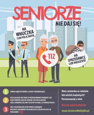 plakat seniorze nie daj się oszukać - rysunkowe postacie, seniorów, policjanta, złodzieja