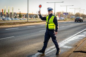 policjant z drogówki wychodzi na ulicę aby zatrzymać pojazd do kontroli - zdjęcie poglądowe