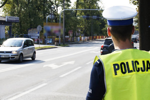 zdjęcie ilustracyjne - policjant w rejonie skrzyżowania i przejścia dla pieszych
