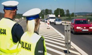 policjanci na drodze, w tle jadące samochody