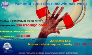 grafika i napisy dotyczące bezpieczeństwa nad wodą - woda, ręka wyciągnięta w stronę koła ratunkowego