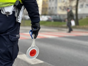 zdjęcie poglądowe - policjant z drogówki na ulicy w tle widoczne przejście dla pieszych