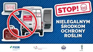 grafika, samochód dostawczy, laptop, worek z nawozem, napis stop nielegalnym środkom ochrony roślin