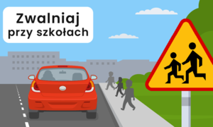 grafika, samochód, dzieci znak drogowy, tekst zwalniaj przy szkołach