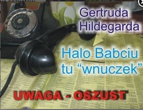 grafika uwaga oszust - telefon tarczowy i książka telefoniczna