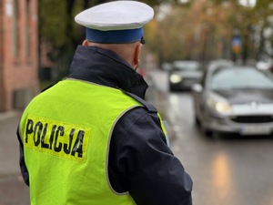 zdjęcie przedstawiające policjanta stojącego przy ulicy, w tle widoczne jadące samochody