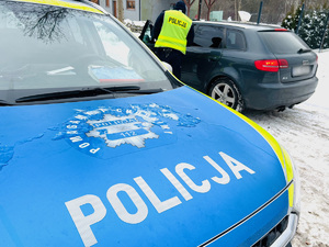 zdjęcie przedstawia radiowóz policyjny i samochód osobowy, którego kierowca jest kontrolowany przez policjanta