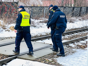 zdjęcie przedstawia policjanta i sokistów przechodzących przez torowisko