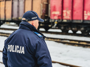 zdjęcie przedstawia policjanta stojącego i obserwującego wagony kolejowe
