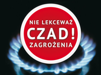 grafika przedstawiająca palnik kuchenki gazowej i czerwone kółko z napisem nie lekceważ zagrożenia - czad