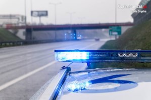 zdjęcie pokazujące drogę i stojący na poboczu radiowóz z włączonymi niebieskimi światłami błyskowymi