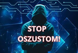 grafika osoba w bluzie z kapturem bez widocznej twarzy i napis stop oszustom
