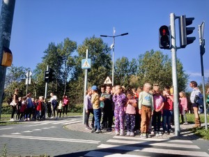 Dzieci w miasteczku ruchu drogowego, dzieci czekają na zielone światło dla pieszych