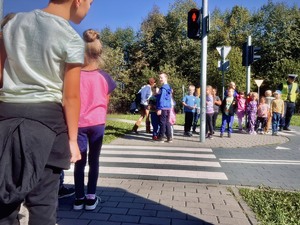 Dzieci w miasteczku ruchu drogowego, dzieci czekają na zielone światło dla pieszych