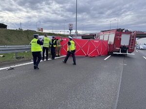 zdjęcie z miejsca wypadku - trzypasmowa jezdnia, policjanci przy parawanie oddzielającym ciało, straż pożarna