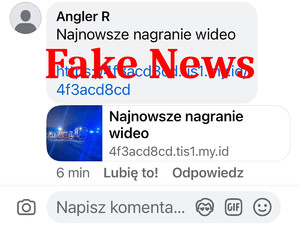 zrzut ekranu wiadomości jako grafika - nick piszącego, komentarz nagranie z kamery samochodowej, miniaturka zdjęcie, link do przejścia na zainfekowaną stronę - napis fake news