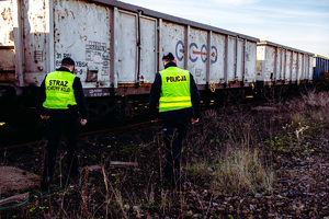 zdjęcie przedstawia policjanta i funkcjonariusza Straży Ochrony Kolei idących w kierunku stojących na torach wagonów