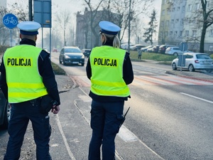 zdjęcie przedstawia policjantów stojących przy przejściu dla pieszych