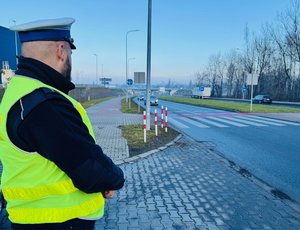 zdjęcie przedstawia policjanta stojącego w rejonie przejścia dla pieszych