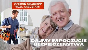 kolarz zdjęć - hydraulik i seniorzy z napisami ochroń dziadków przed oszustami, zadbajmy o ich bezpieczeństwo