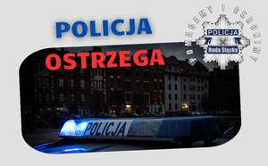 grafika ze zdjęciem policyjnego radiowozu na tle rudzkich kamienic i napisem Policja Ostrzega