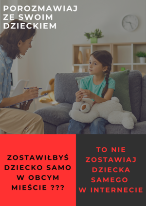 Plakat informacyjny - kobieta rozmawiająca z dzieckiem - porozmawiaj ze swoim dzieckiem