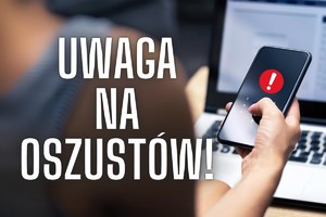 grafika, komputer, telefon, napis uwaga na oszustów