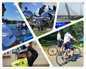 Zdjęcie przedstawia kolaż zdjęć a na nim policjantów nad wodą, w patrolu rowerowym, przy motocyklu, autostradę i policyjne sygnały świetlne oraz policjanta ruchu drogowego