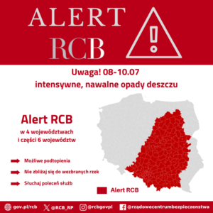 grafika rządowego centrum bezpieczeństwa wskazująca alert pogodowy